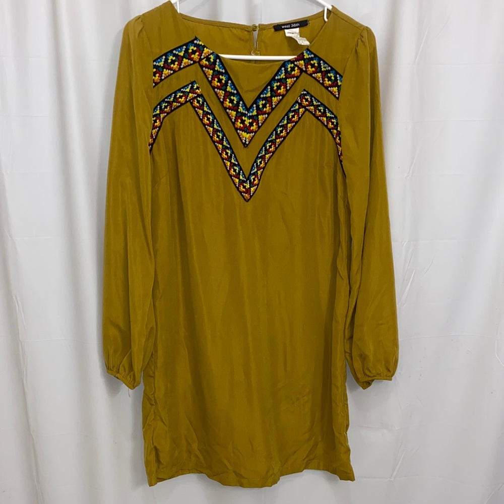 Elegant Mustard Long Sleeve Dress with Embroidery